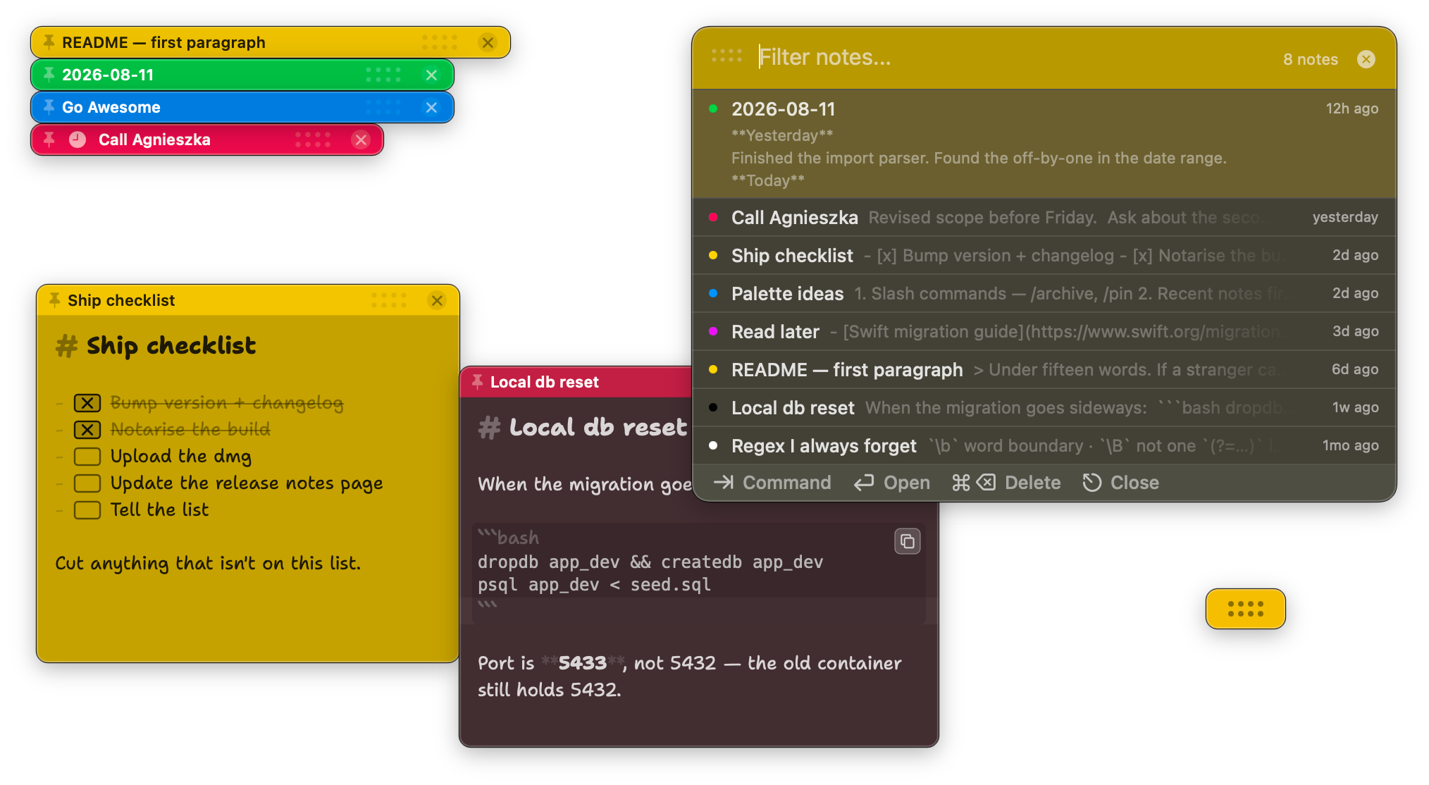 ClickyDots on the desktop: colour-coded sticky notes spread across the screen with the command palette searching every note