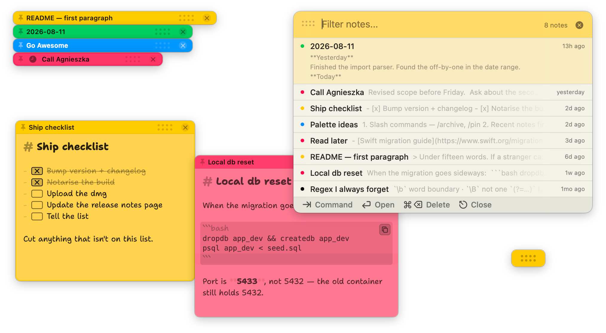 ClickyDots on the desktop: colour-coded sticky notes spread across the screen with the command palette searching every note