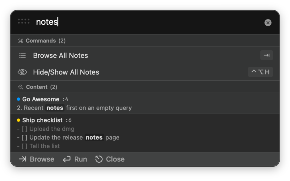The command palette open, one search term matching text inside several different notes