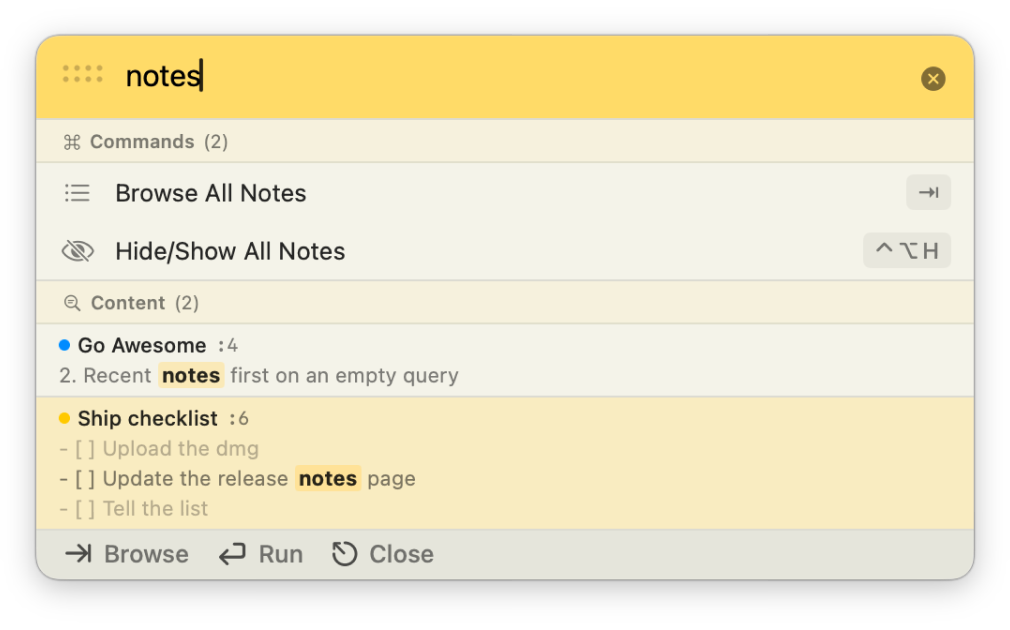 The command palette open, one search term matching text inside several different notes