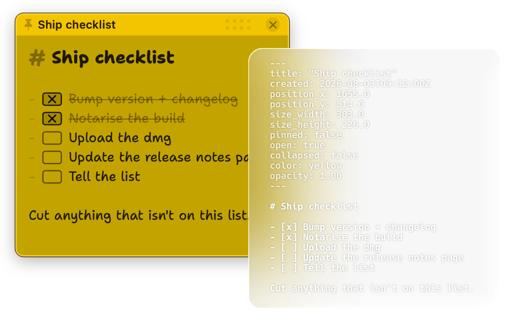 A yellow ClickyDots note beside the same note as a plain .md file with YAML frontmatter