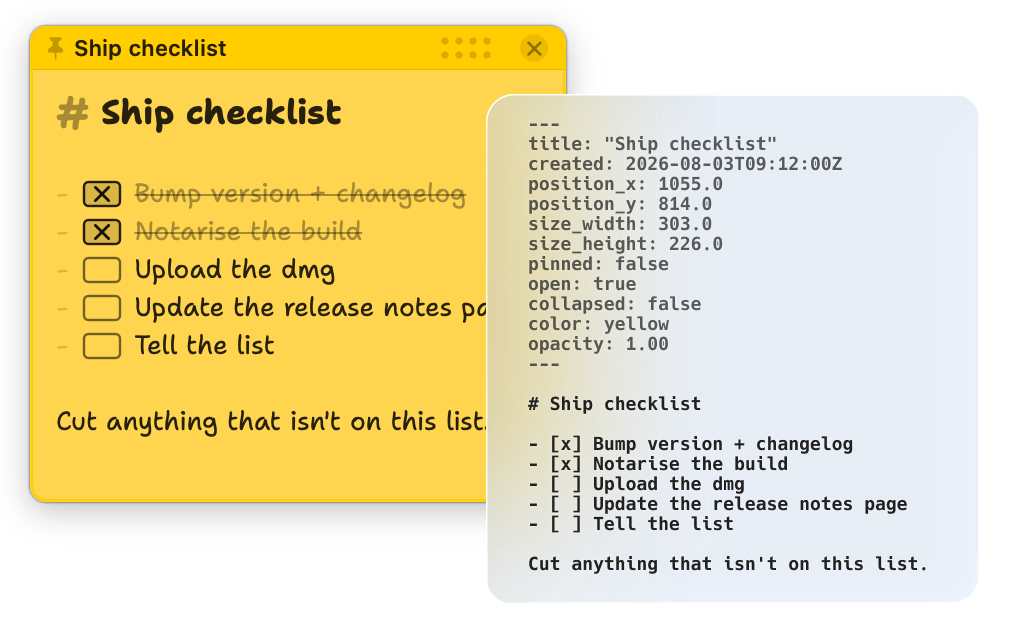 A yellow ClickyDots note beside the same note as a plain .md file with YAML frontmatter